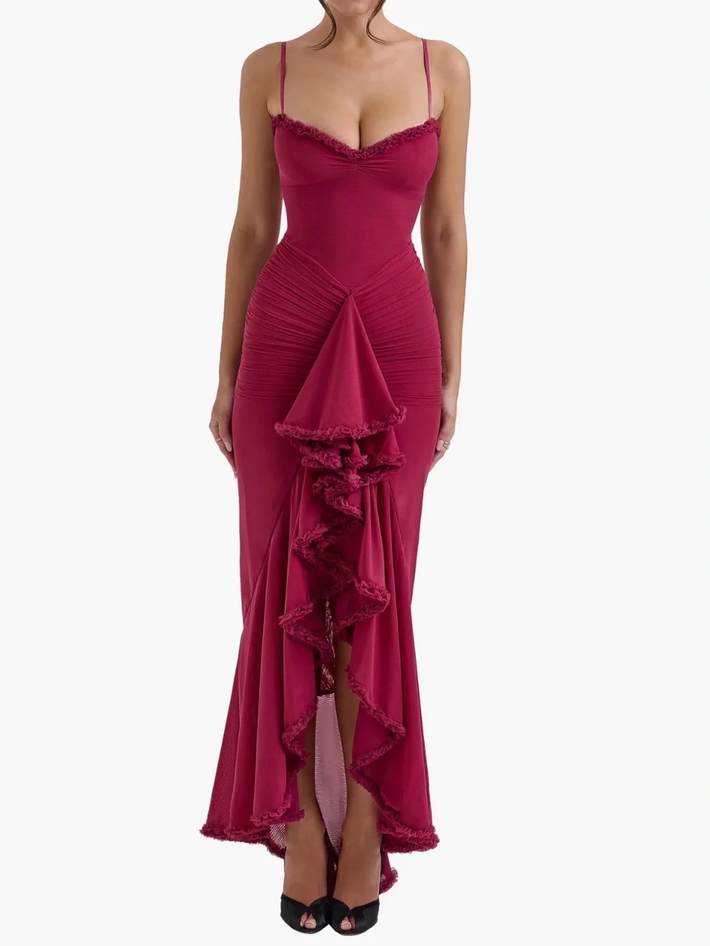 House of Cb “Gabbi” Dark Red- Burgundy Ruched Ruffle Maxi Dress